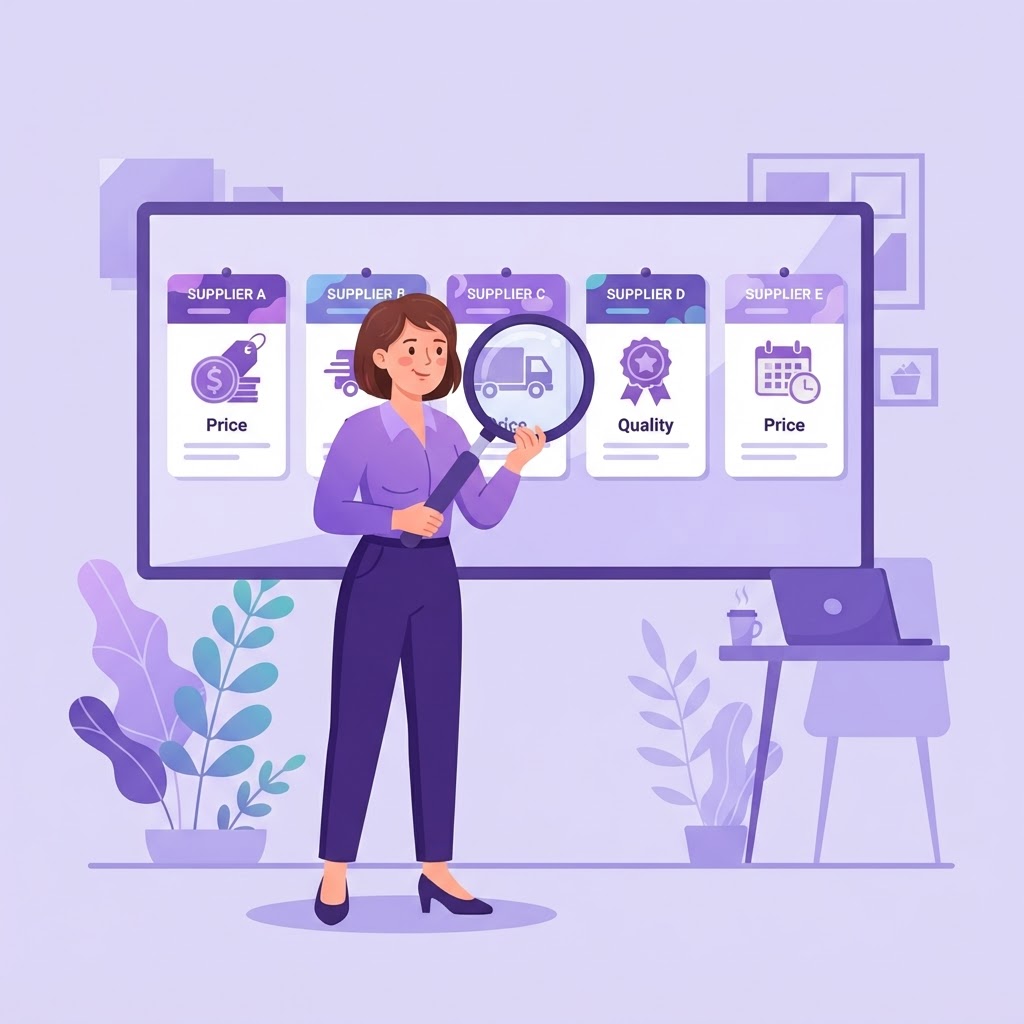 Buyer comparing supplier quotes on price, delivery, quality and terms