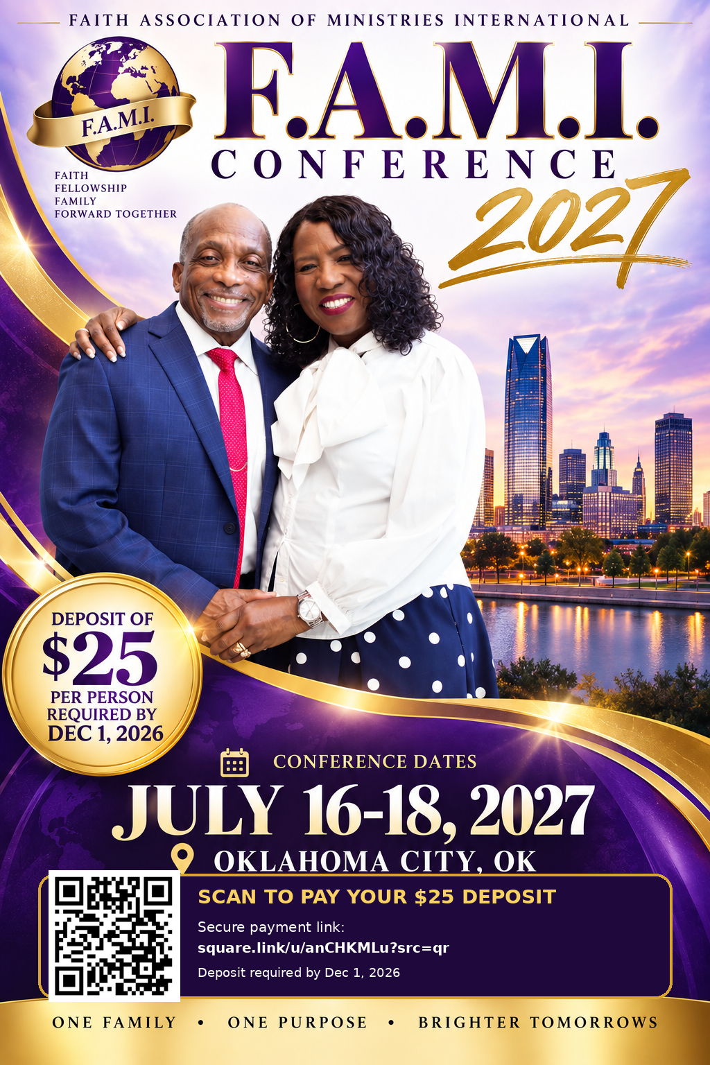 F.A.M.I. Conference July 16–18, 2027 in Oklahoma City, with a $25 per person deposit due December 1, 2026 and payment QR code