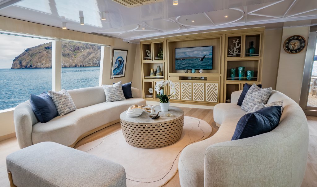 Main lounge aboard M/C Endemic with ocean views