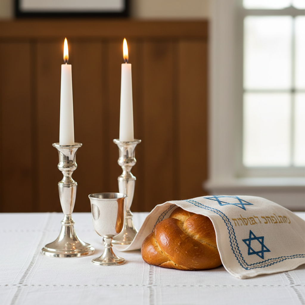 Elegant Shabbat table setting with challah, candles, and wine for Jewish travelers in Ecuador