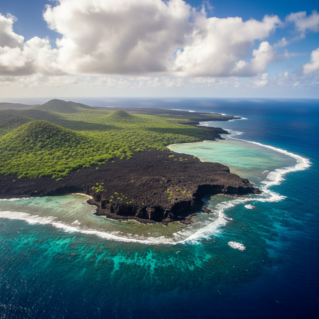 Aerial view of a Galapagos Island surrounded by crystal-clear turquoise ocean during a kosher Ecuador tour