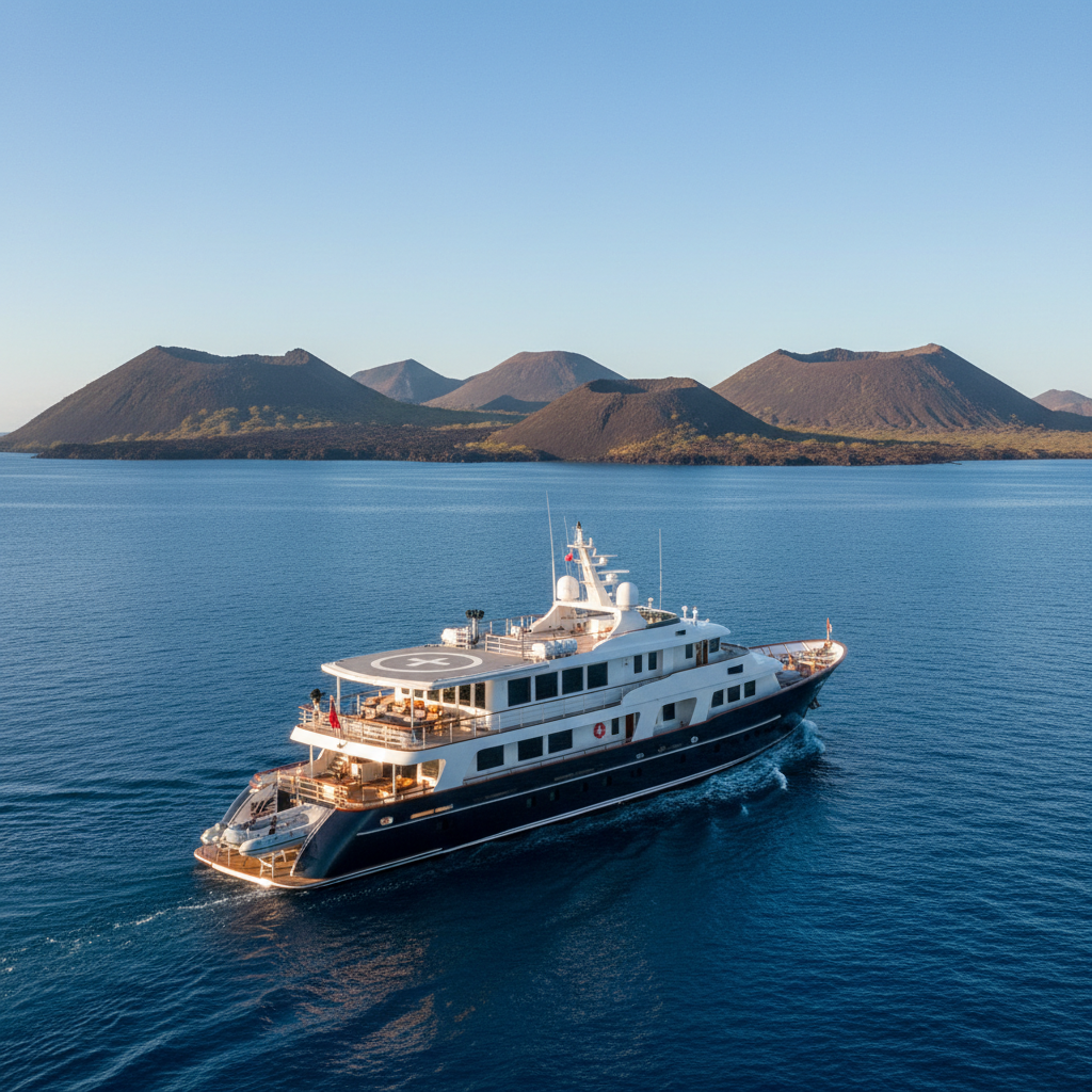 Galápagos yacht sailing past dramatic volcanic islands on a clear day