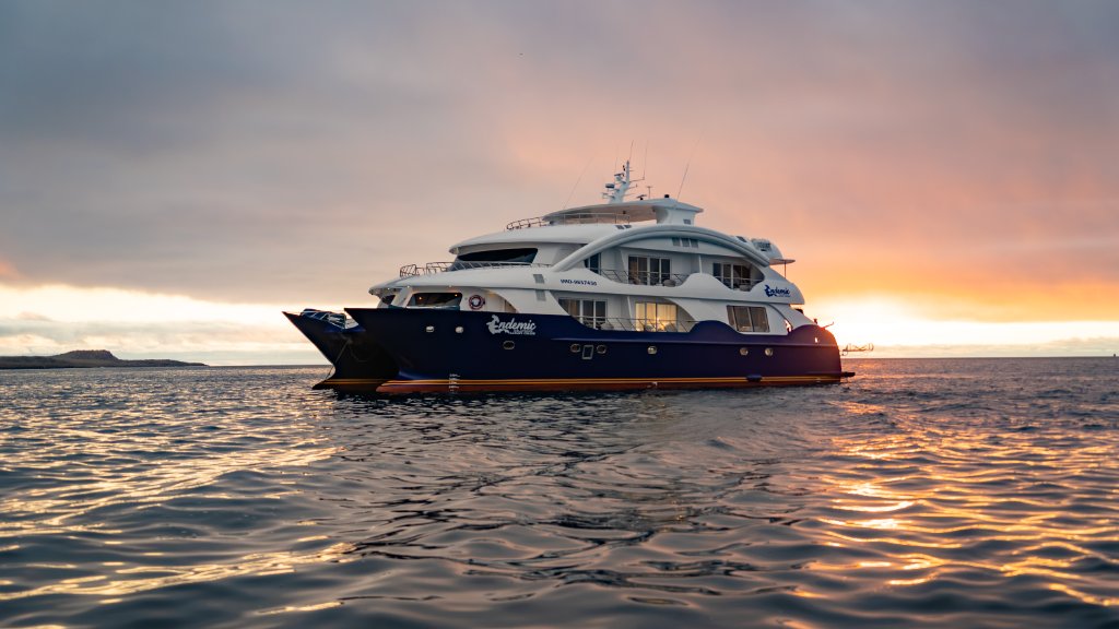 M/C Endemic luxury catamaran exterior at sunset in the Galapagos