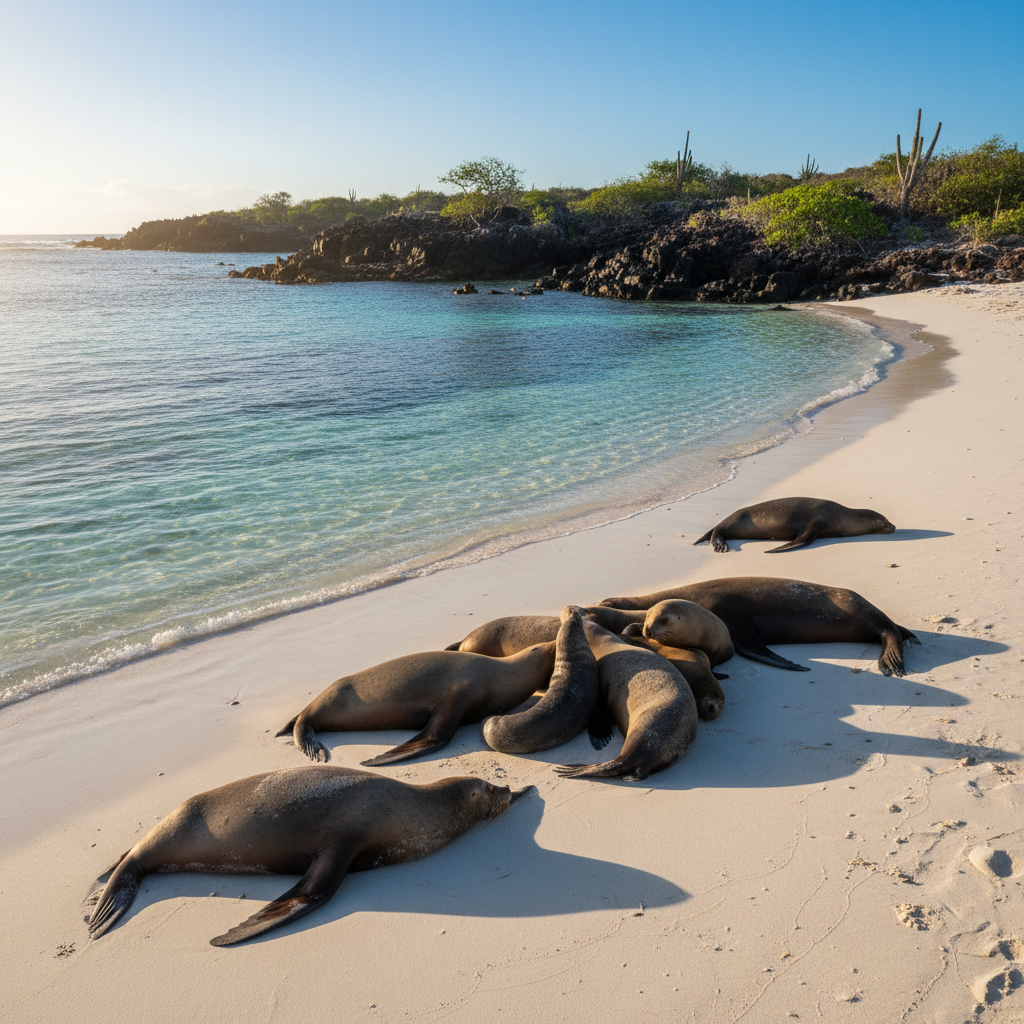 Galapagos sea lions resting on a white sandy beach with crystal-clear Pacific Ocean