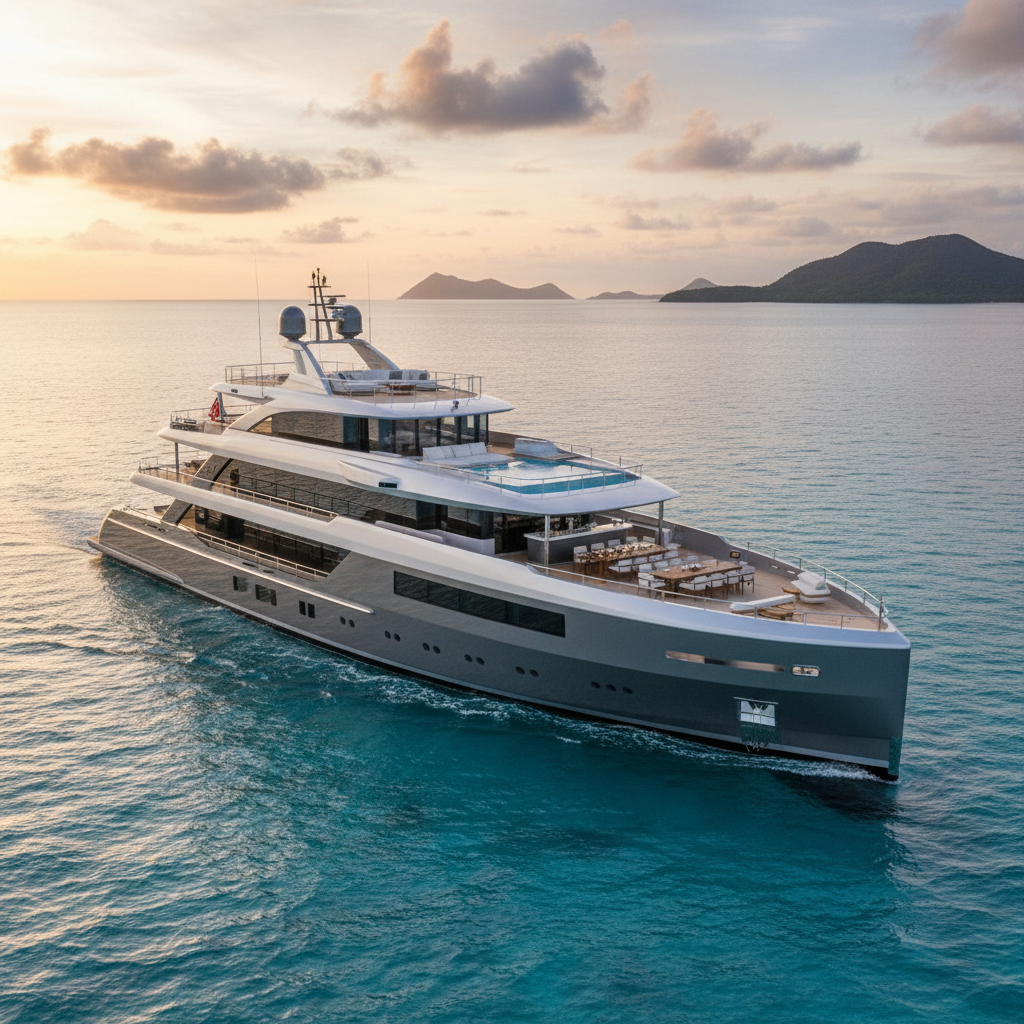 New premium luxury Galápagos yacht with sleek design cruising turquoise water at golden hour