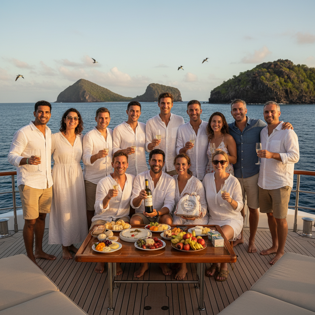 Group of travelers celebrating on a luxury yacht in the Galapagos Islands during a kosher group tour