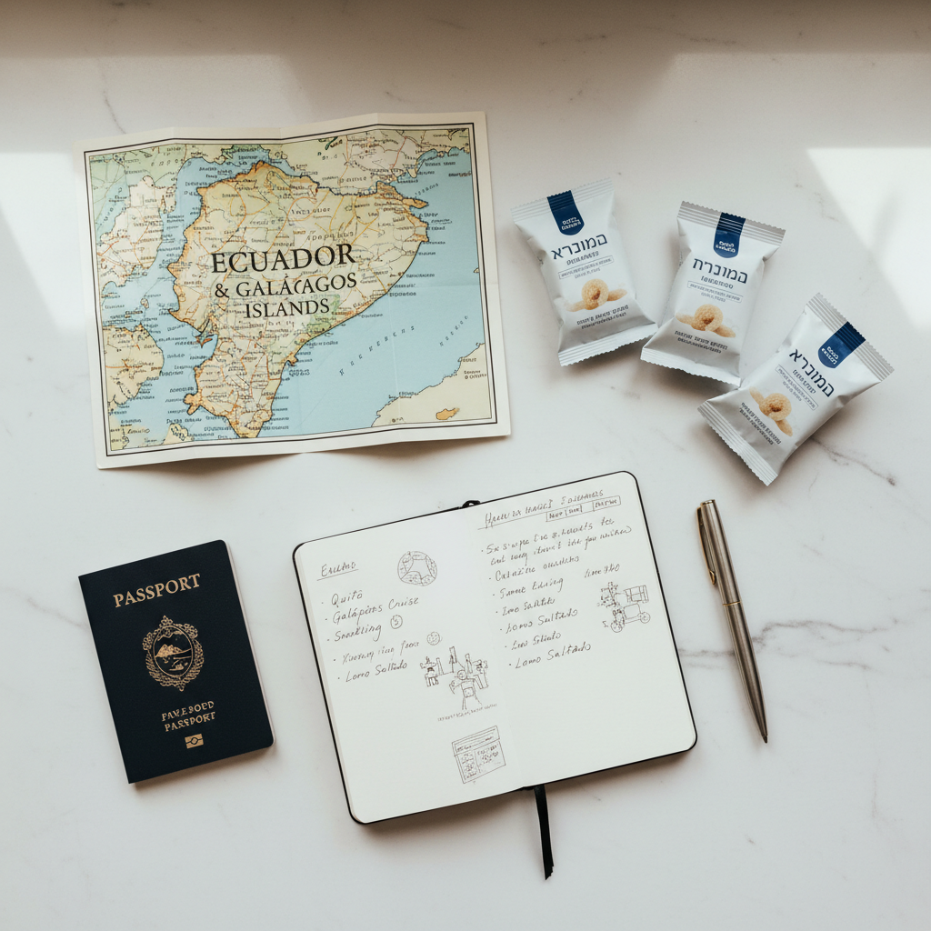 Travel planning checklist flatlay with passport, Ecuador map, and kosher travel items for Jewish travelers