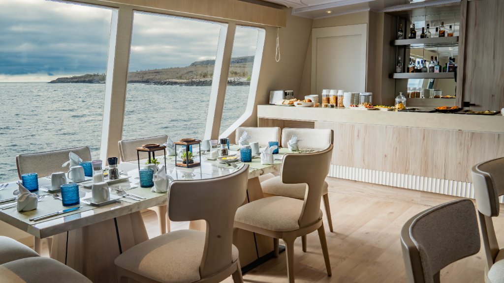 Dining room aboard M/C Endemic with ocean view