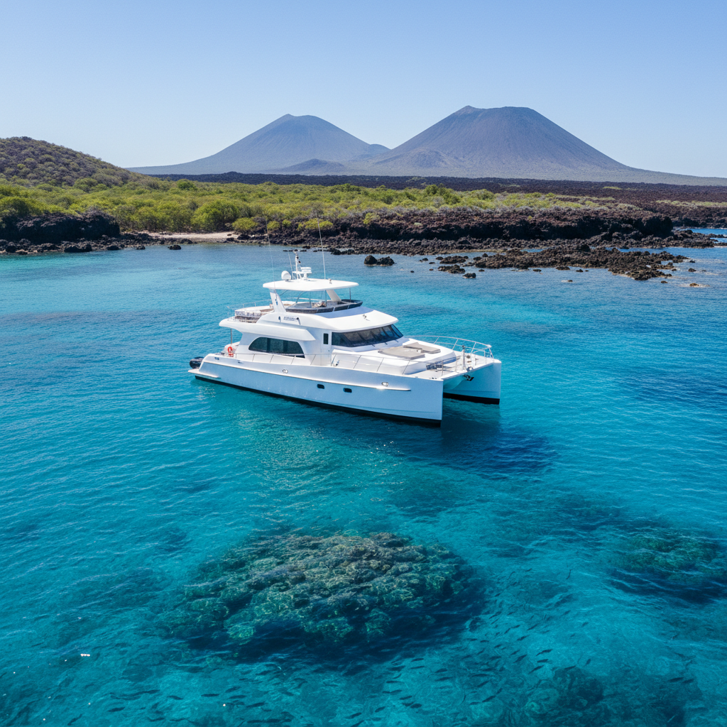 Luxury motor catamaran anchored in turquoise Galápagos waters