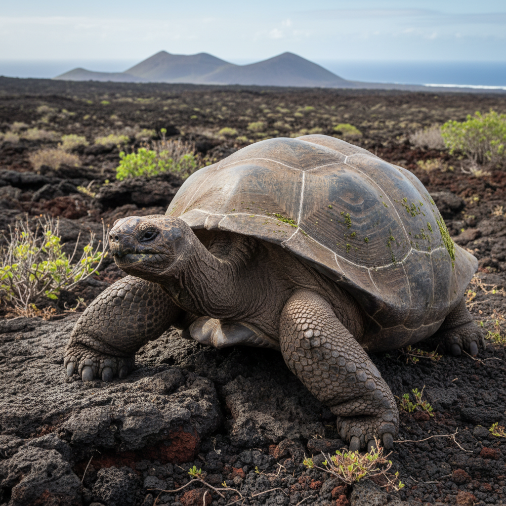 Giant Galapagos tortoise on volcanic terrain, a highlight of kosher Ecuador tours
