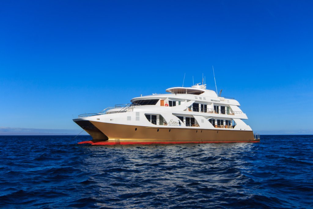 Front angle of M/C Elite luxury catamaran in open Galapagos water