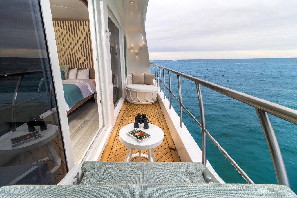 Private suite terrace aboard M/C Elite with ocean view