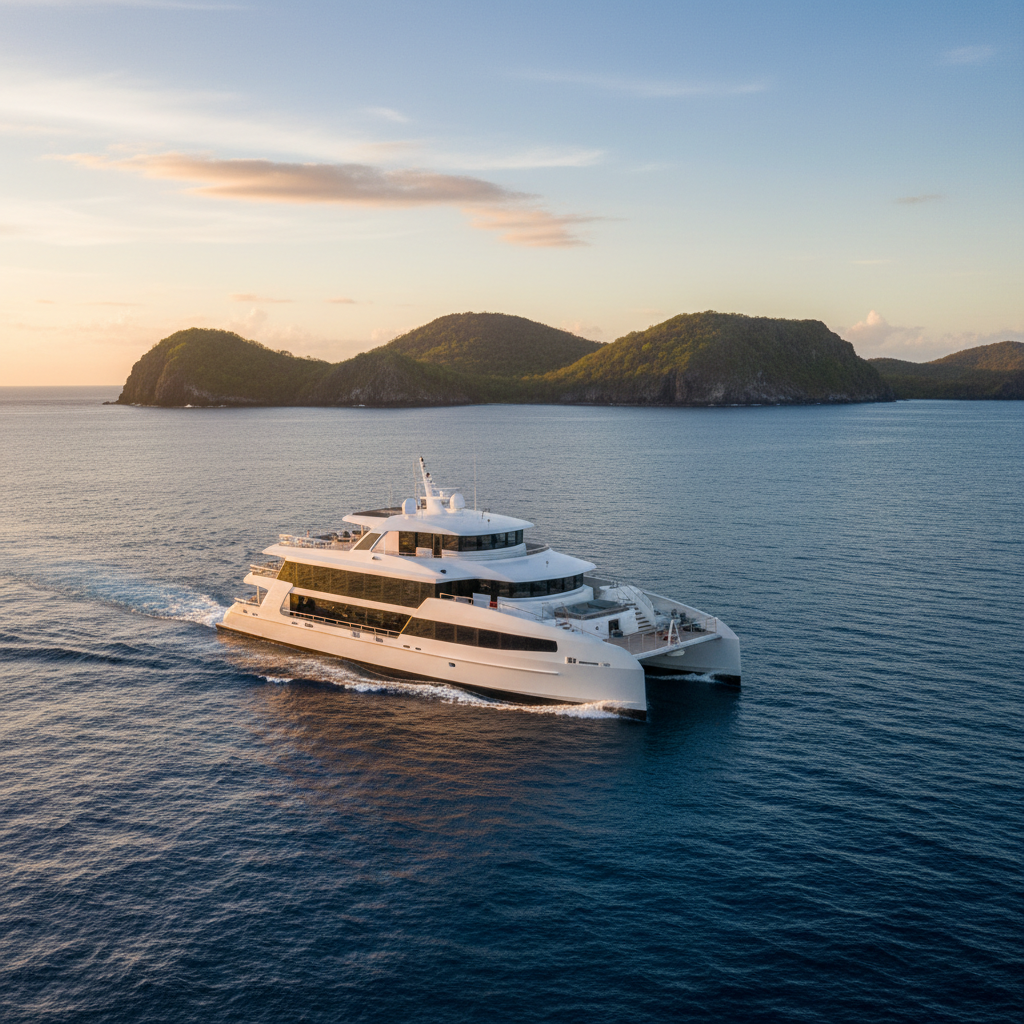 Modern premium Galápagos catamaran with panoramic glass decks gliding over blue ocean