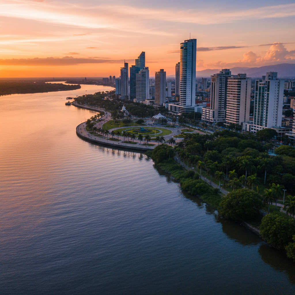 Guayaquil Ecuador waterfront Malecón at golden hour, a key base for kosher travelers visiting the Galapagos