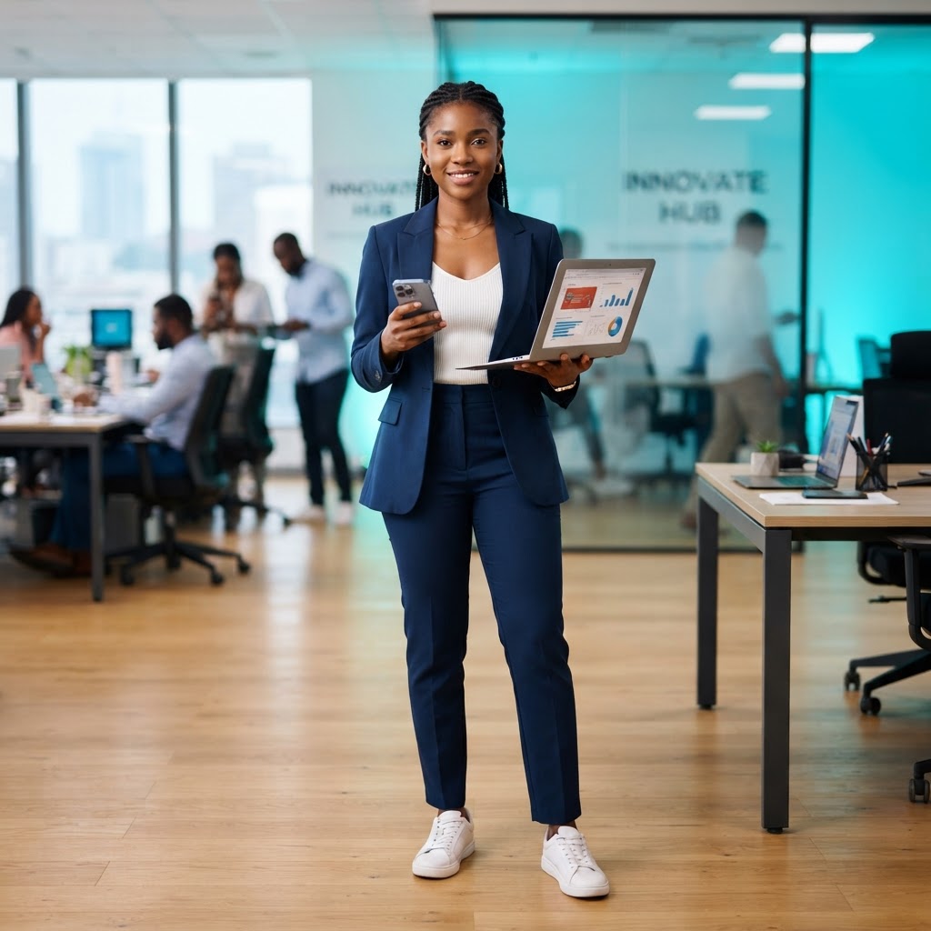 The same person as a confident entrepreneur with a laptop and phone