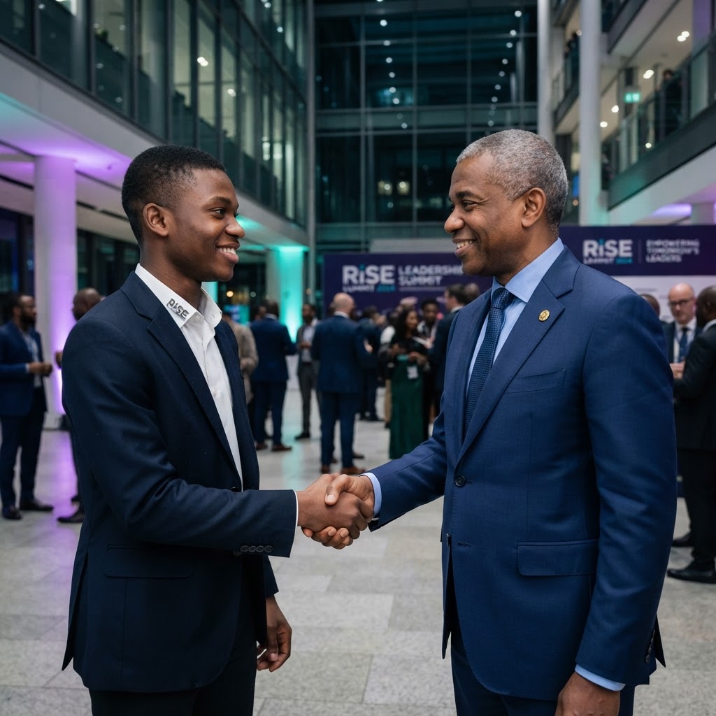 RiSE student with a leadership badge shaking hands with a Nigerian business executive