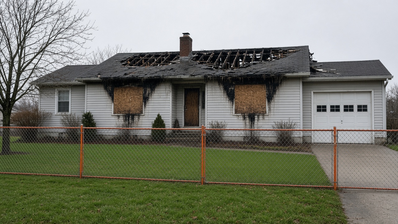 Fire-damaged one-story house with burned roof rafters showing, boarded-up windows, and soot streaks, behind an orange chain-link fence on the lawn