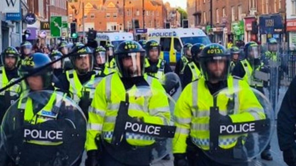 Police in public order kit during the protest on 15 April 2026