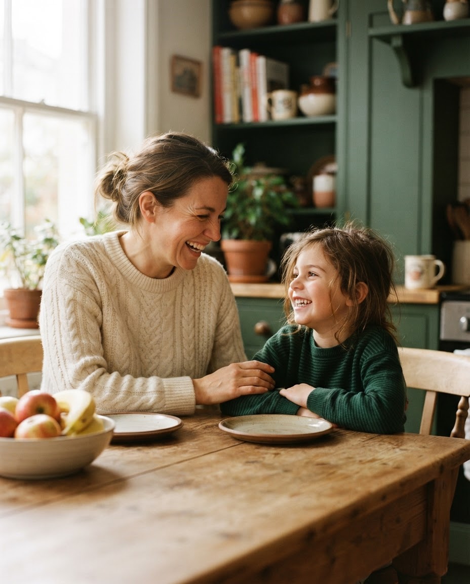 A caring adult and a child laughing together at a kitchen table