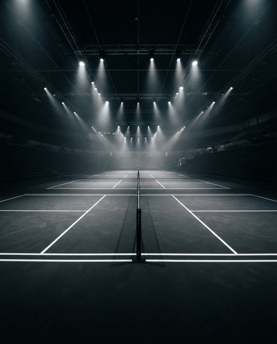 Indoor pickleball courts under tournament lighting