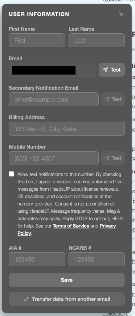 SMS opt-in in User Information settings