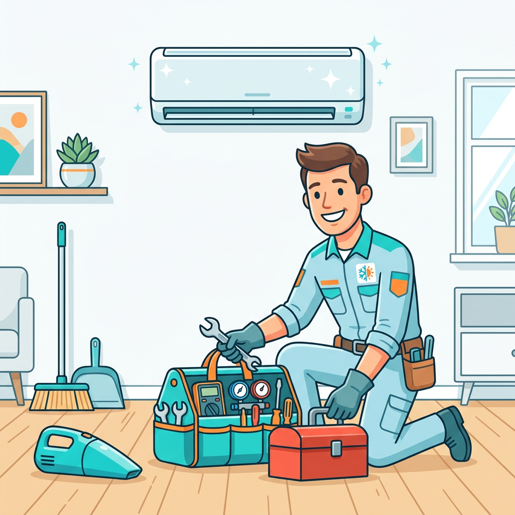 A/C Medic Vegas technician cleaning up after HVAC service, leaving home spotless