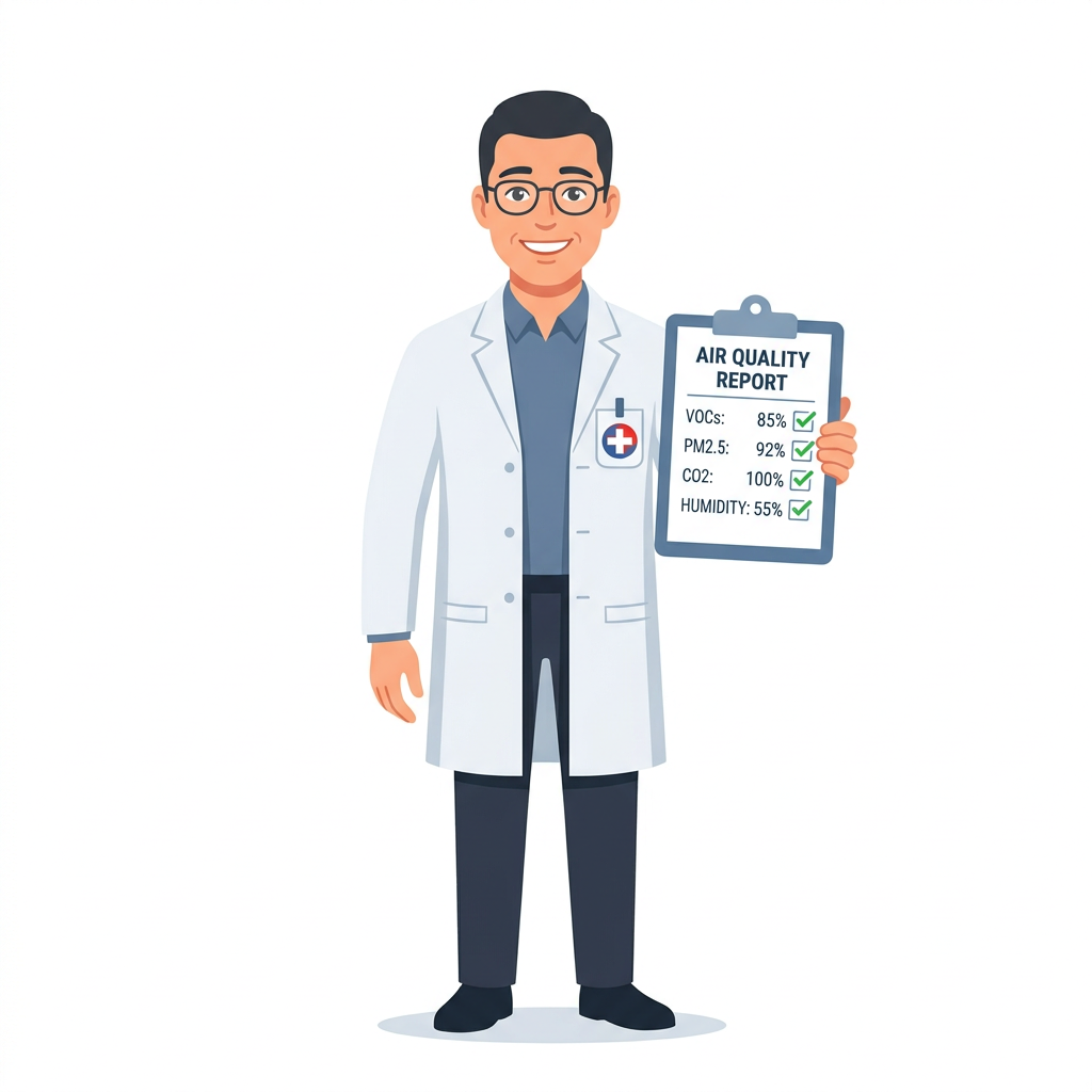 Transparent Medic character holding a clipboard with air quality percentages — representing our zero-pressure technical advice