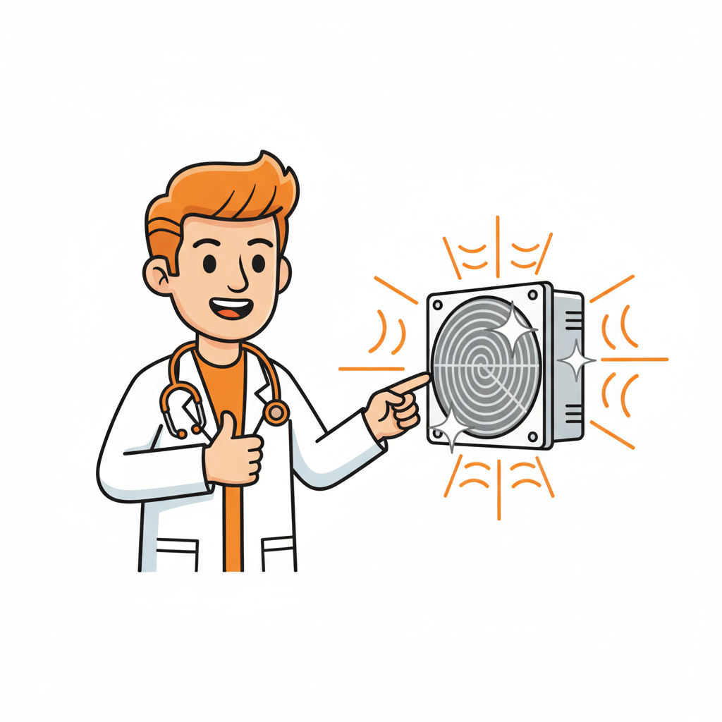 Efficiency Medic character pointing to a clean HVAC coil — representing Aprilaire's Clean Coil Guarantee