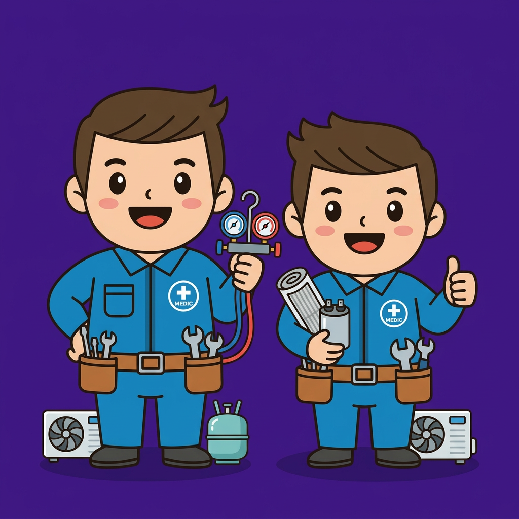 Family Medic mascots representing A/C Medic Vegas family-owned service