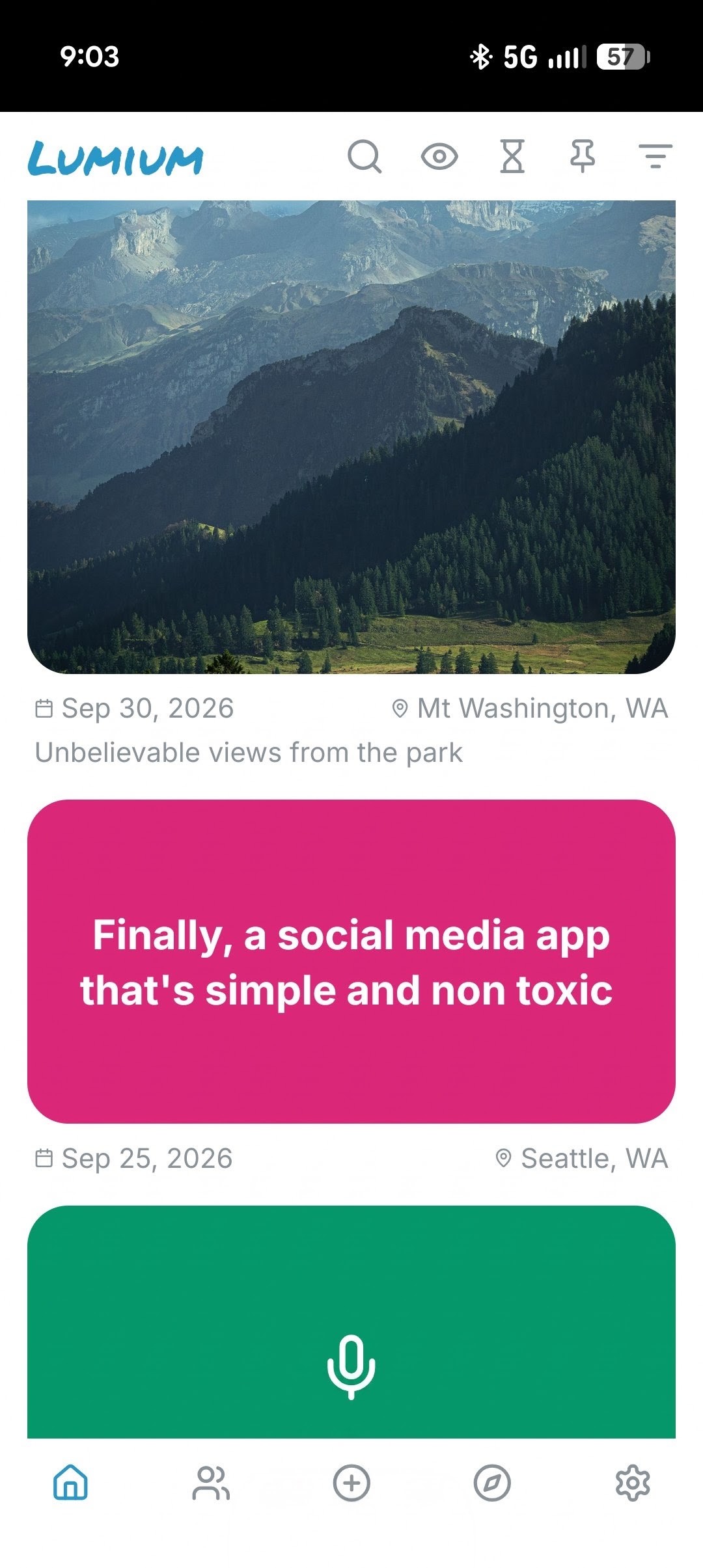 Lumium home feed showing memories