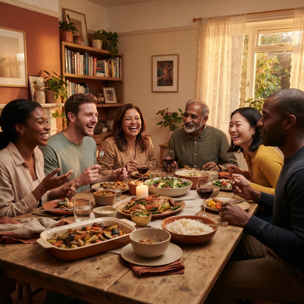 Six neighbors of different generations sharing a meal and conversation around a table