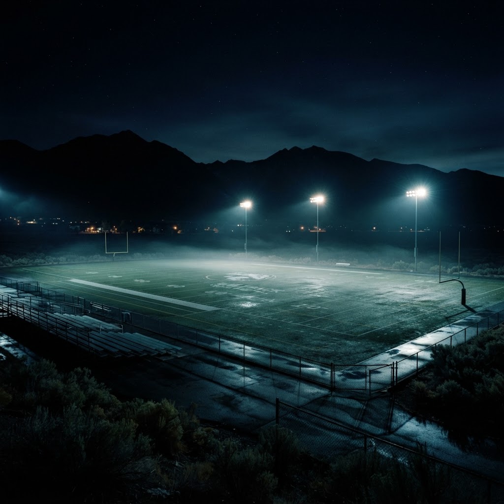 Football field under stadium lights in Northern Nevada