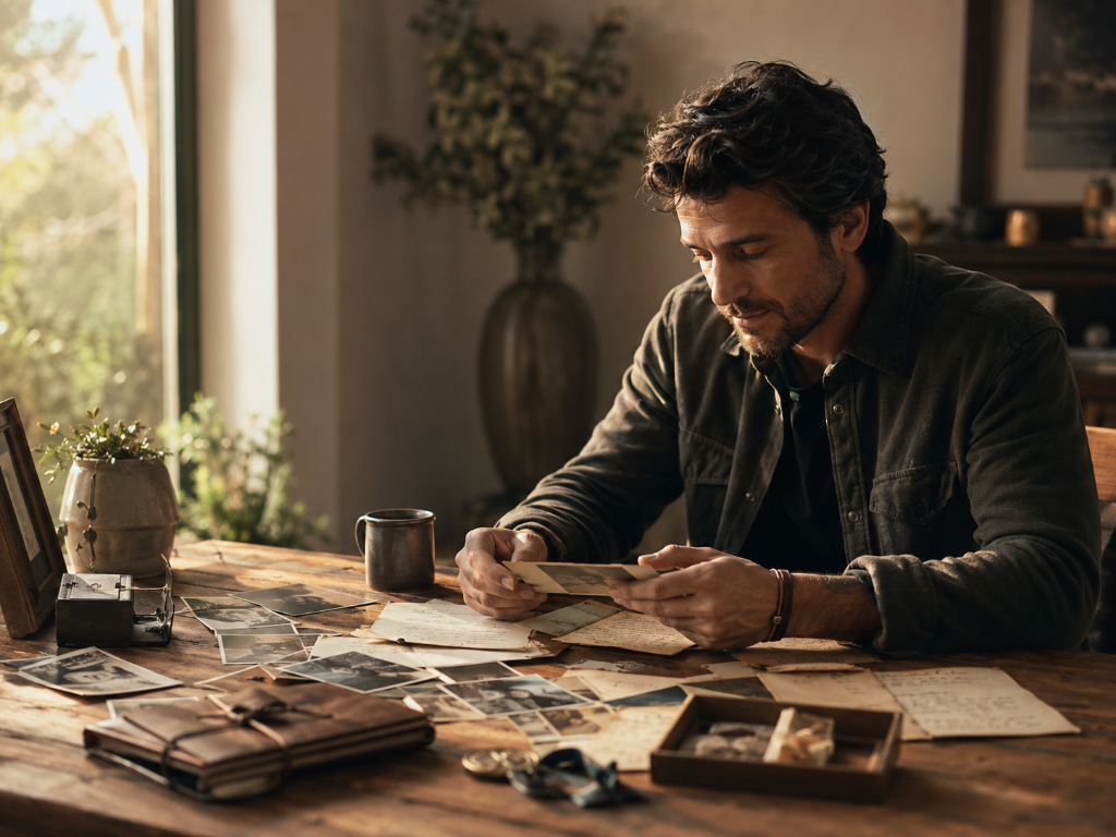Man reflecting on life experiences while reviewing old photographs and memories at a wooden table in warm light