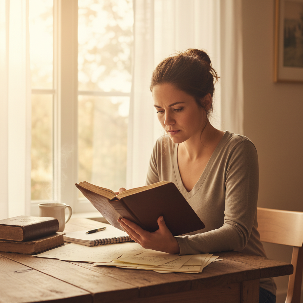 Woman reviewing a journal and previous spiritual direction in soft natural light