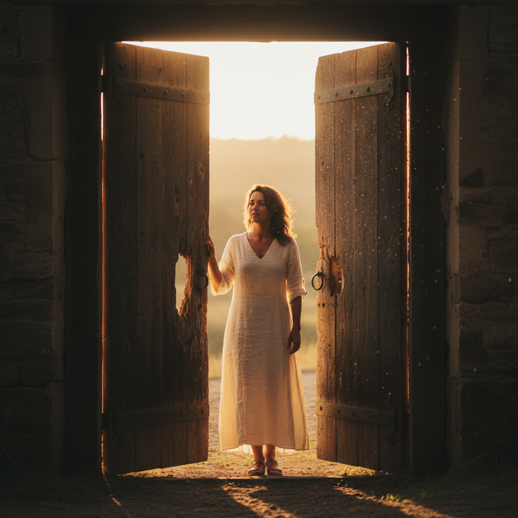 Woman standing before a partially open doorway with warm light streaming through, symbolising breakthrough past internal barriers