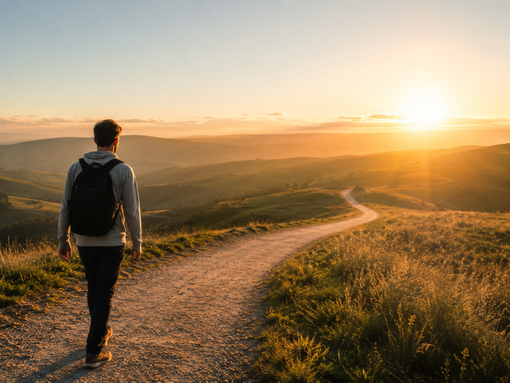 Man walking forward along a winding path toward a golden sunrise, symbolising activation and purposeful movement