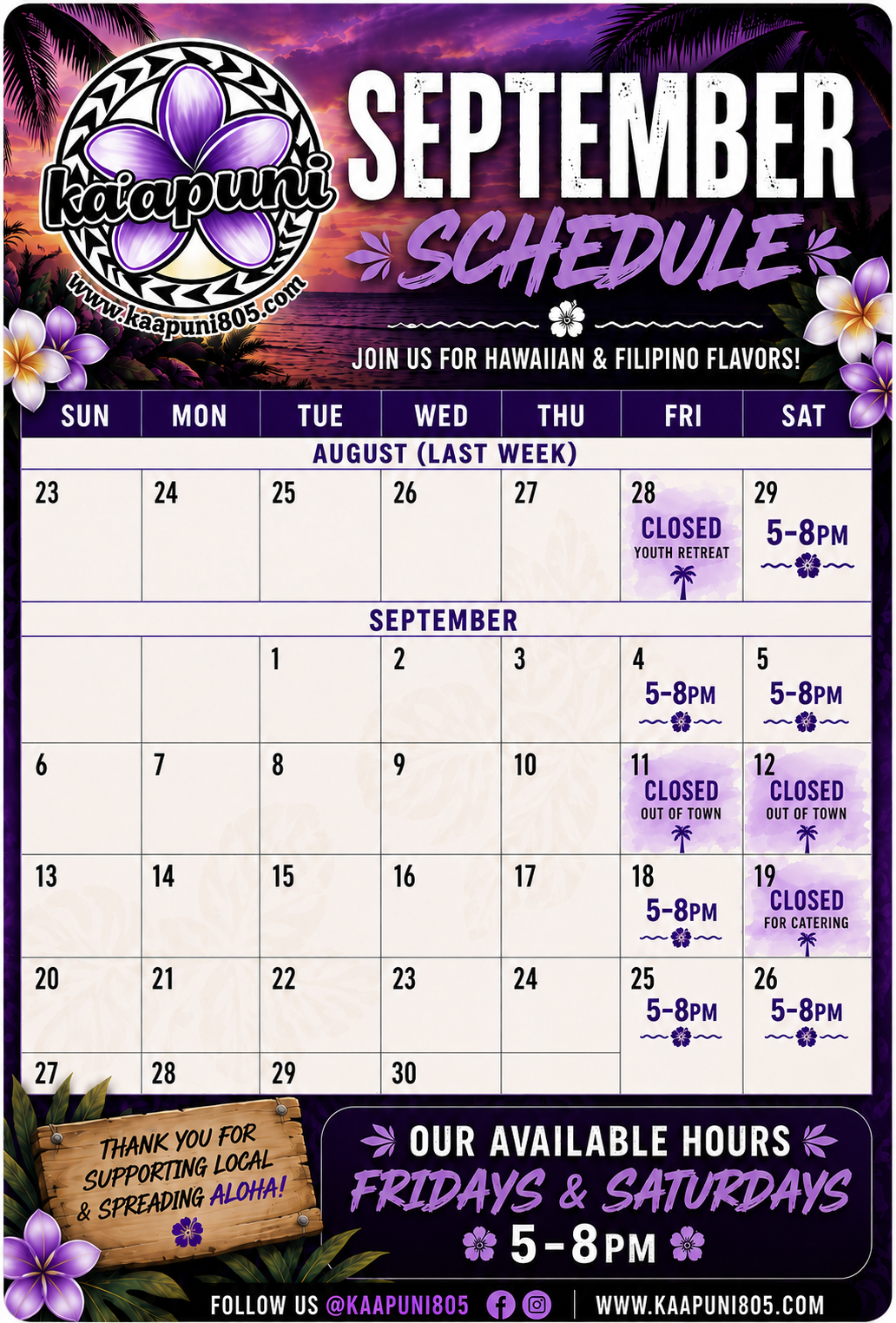 Ka'apuni Grill September Schedule – Open Fridays & Saturdays 5-8PM inside Lumpia Bros Cafe, Grover Beach CA