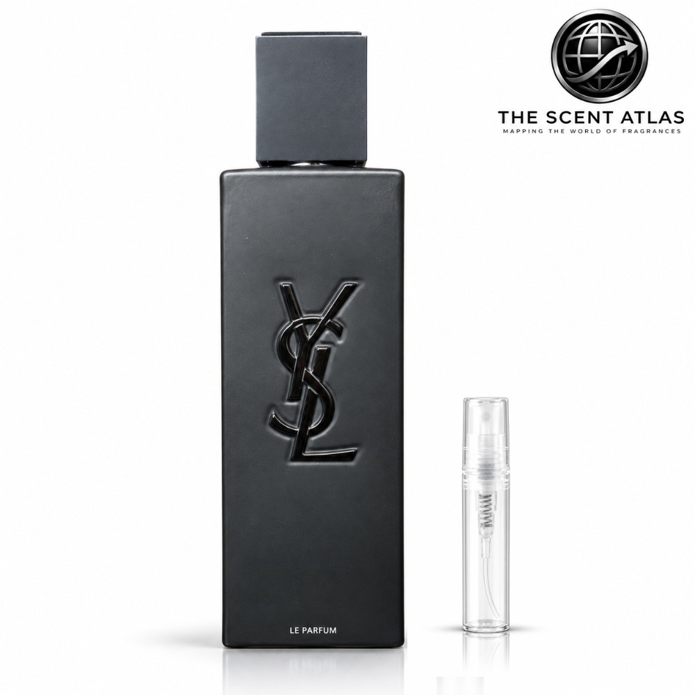 Yves Saint Laurent MYSLF Le Parfum 2ml sample atomiser beside the retail bottle
