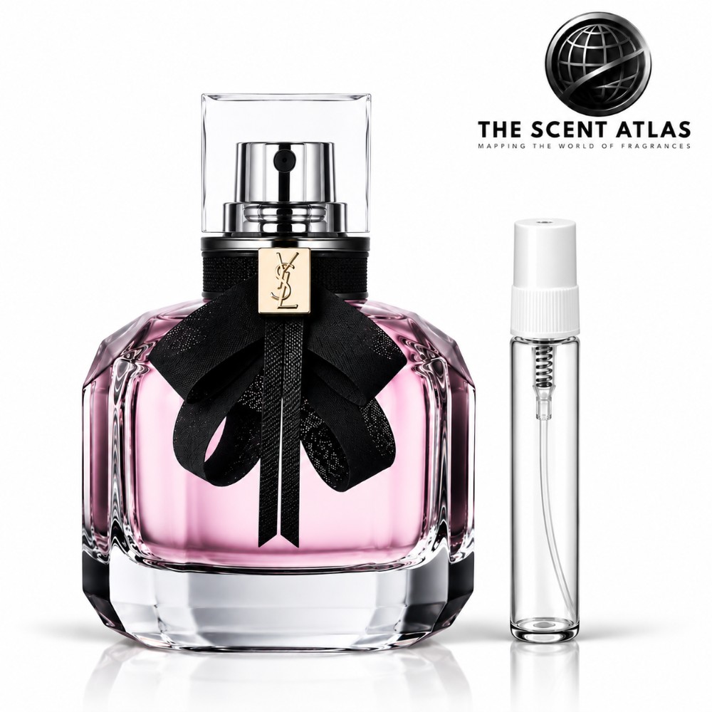 Yves Saint Laurent Mon Paris EDP 10ml sample atomiser beside the retail bottle