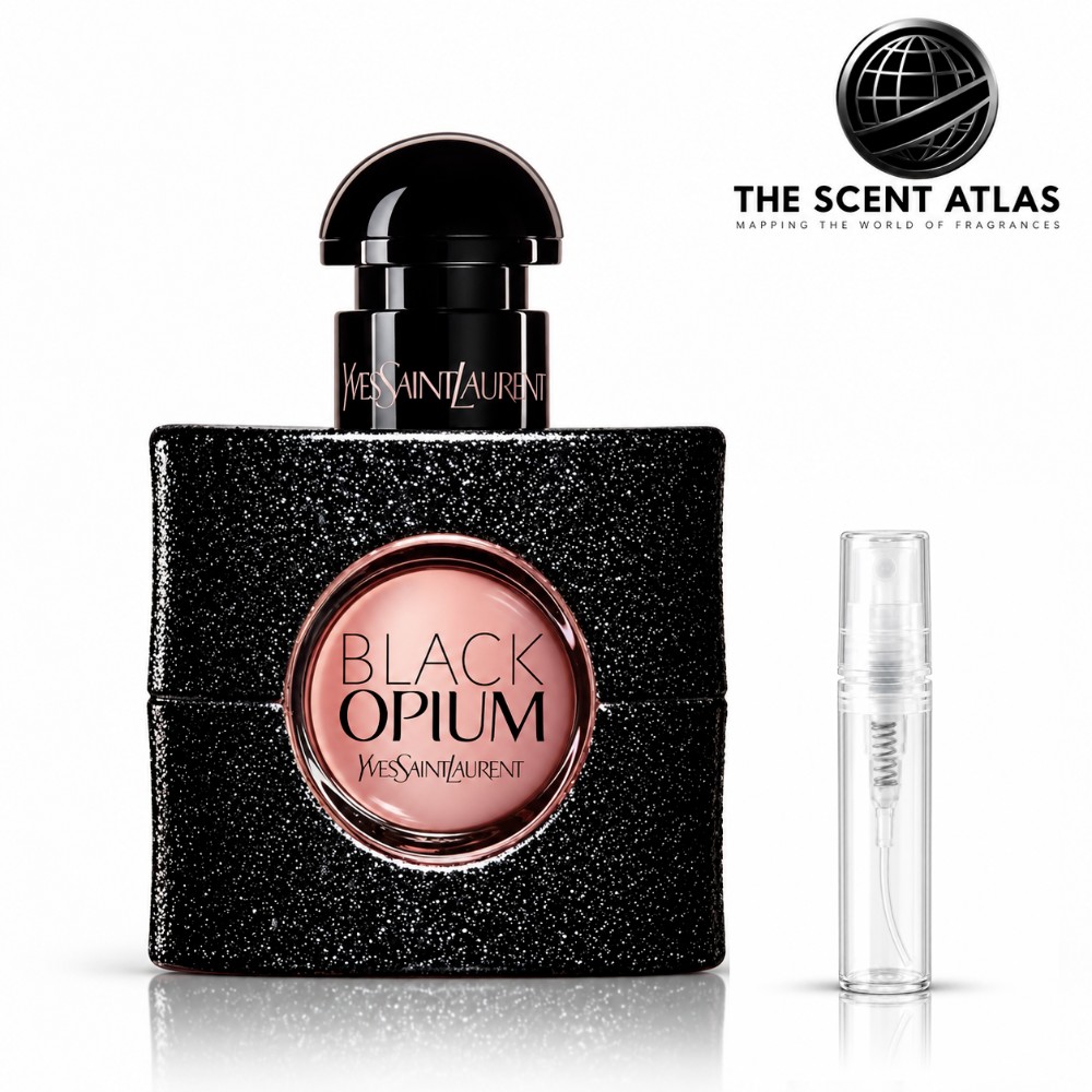 Yves Saint Laurent Black Opium EDP 2ml sample atomiser beside the retail bottle