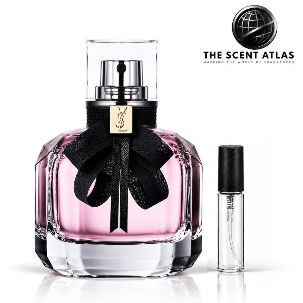 Yves Saint Laurent Mon Paris EDP 5ml sample atomiser beside the retail bottle
