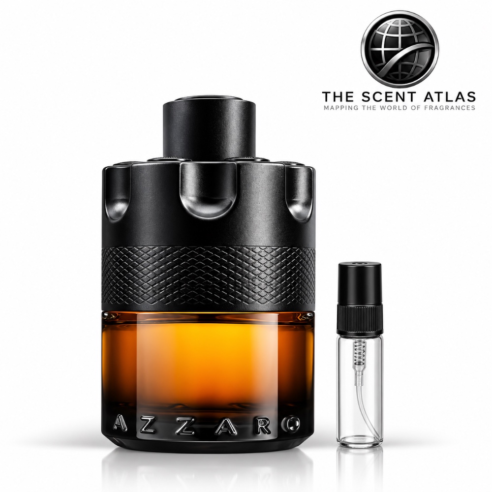 Azzaro The Most Wanted Parfum 5ml sample atomiser beside the retail bottle
