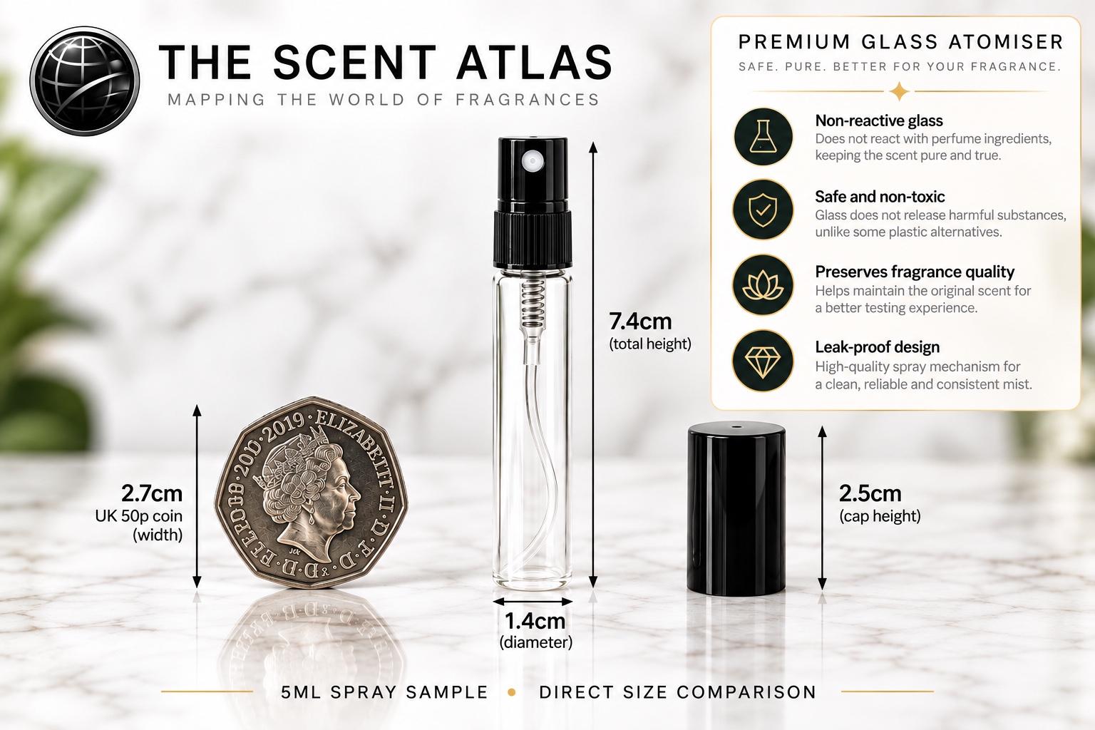 5ml glass spray atomiser shown next to a 50p coin for scale, about 7.4cm tall including the cap and 1.4cm wide