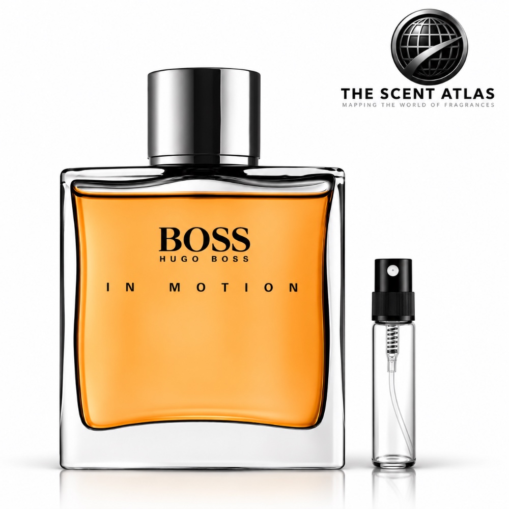Hugo Boss Boss In Motion EDT 5ml sample atomiser beside the retail bottle