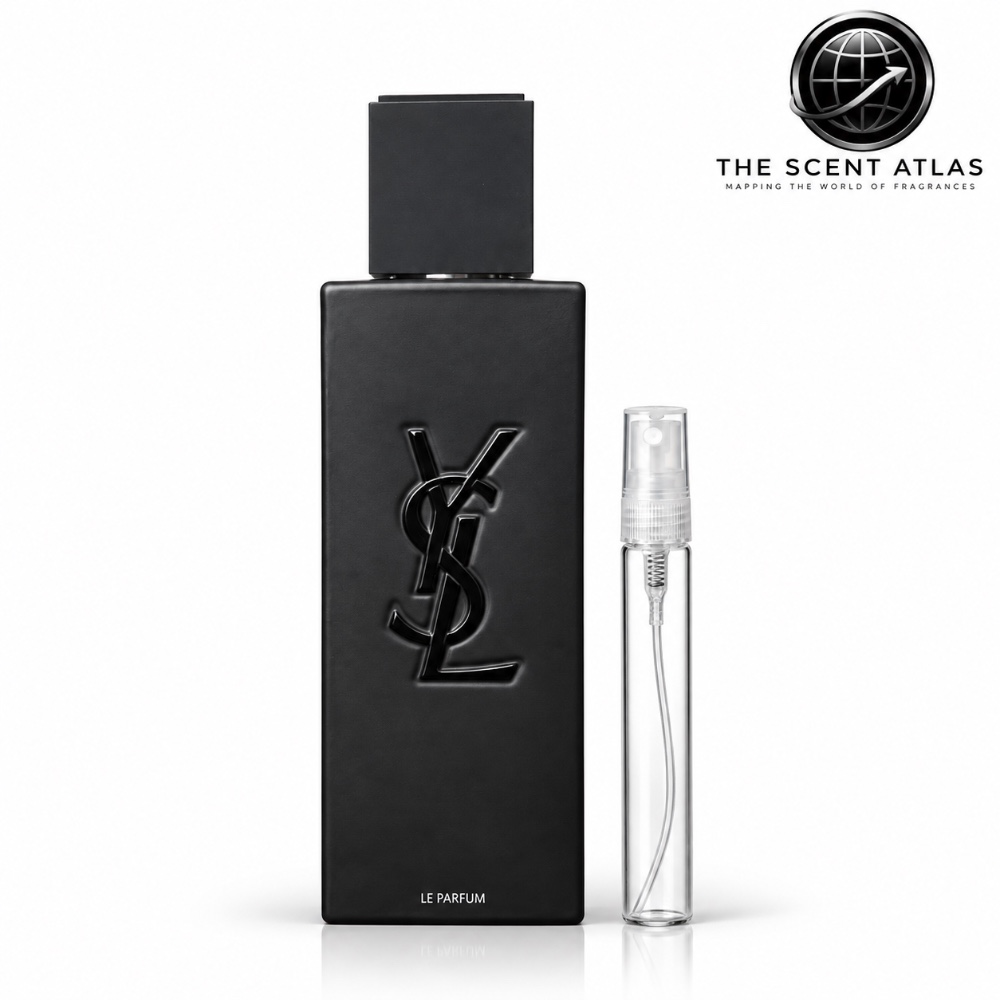 Yves Saint Laurent MYSLF Le Parfum 10ml sample atomiser beside the retail bottle
