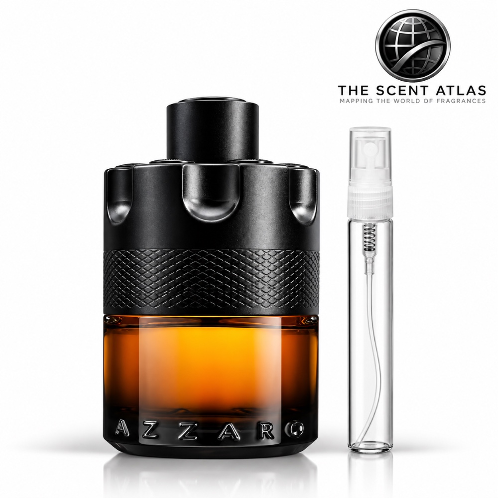 Azzaro The Most Wanted Parfum 10ml sample atomiser beside the retail bottle