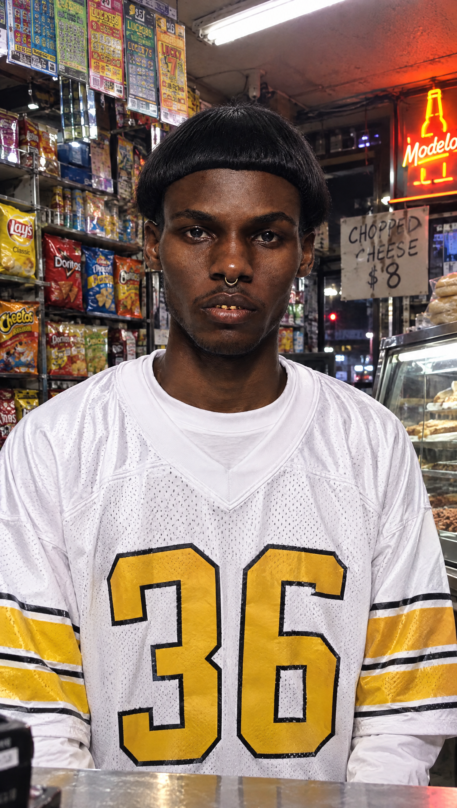 Portrait of a young man in a number 36 football jersey standing in a bodega at night, neon signs, lottery ticket wall, documentary photography --ar 3:4 --v 6