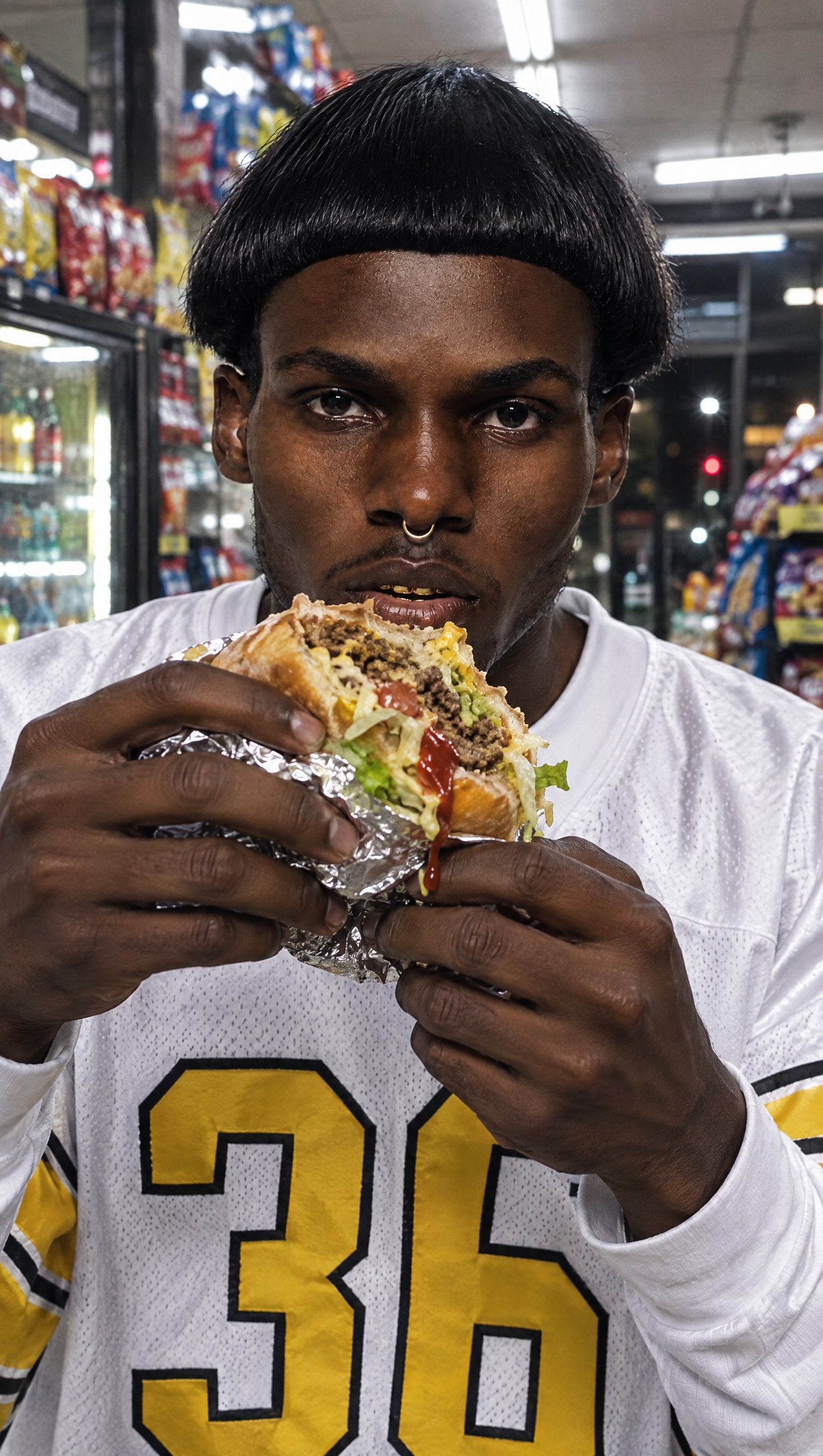 Young man in a number 36 football jersey eating a cheeseburger wrapped in foil inside a bodega, direct eye contact, documentary portrait photography --ar 3:4 --v 6