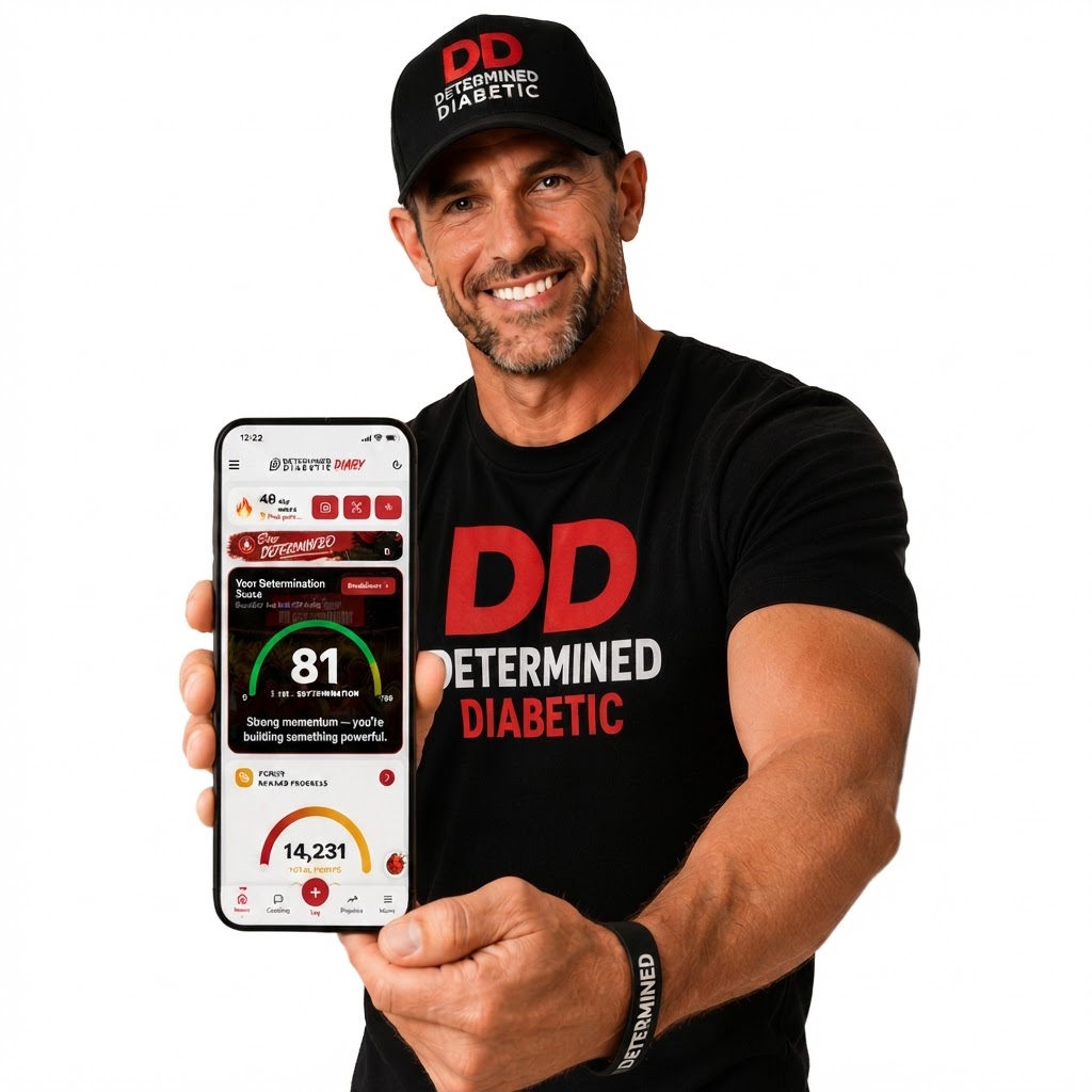 Determined Diabetic coach holding the app
