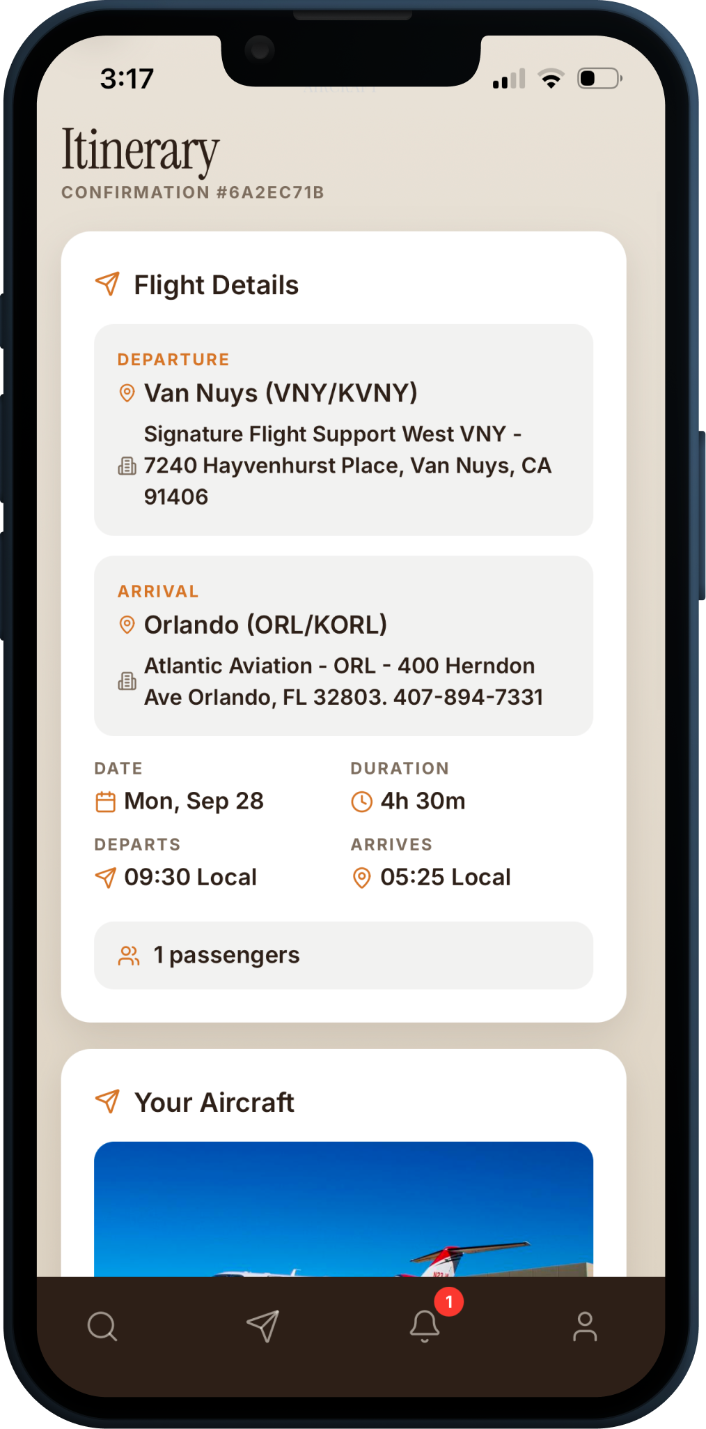 The Luxury Aircraft app on a phone, showing a flight itinerary.